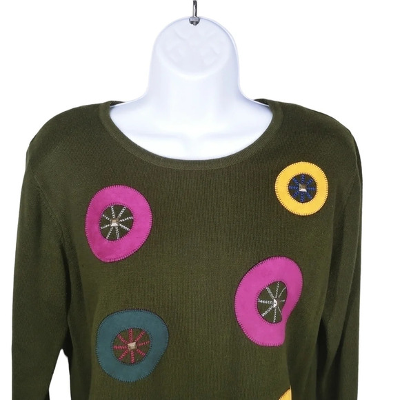 Moffi Boho  Bohemian Retro Knit Shirt with Circle Designs Olive Green M - Picture 2 of 8